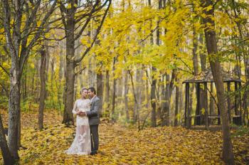 Beautiful portrait of the newlyweds on the background of the autumn forest.