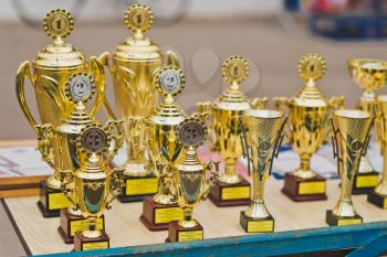 Rows of trophies and awards before awarding the winners.