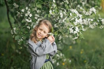 Large portrait of a child in a hat among the flowers of cherries.