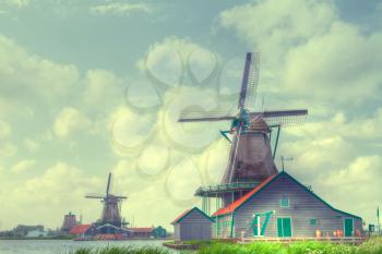 Mill Netherlands. famous landscape of the North Sea