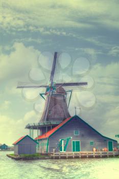 Mill Netherlands. famous landscape of the North Sea