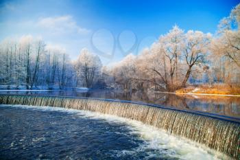 Falls in the winter. Picturesque scenery of winter.