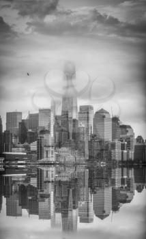 New York City with Manhattan skyline from Hudson River. black and white photography