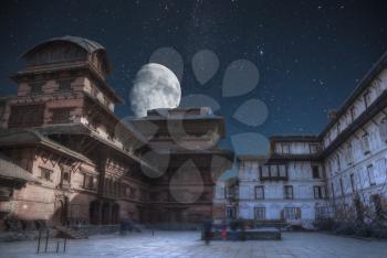 Patan .Ancient city in Kathmandu Valley. Nepal. night the starry sky and the moon is shining