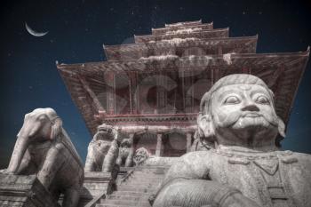 Temples of Durbar Square in Bhaktapur, Kathmandu valey, Nepal. night shining moon and stars