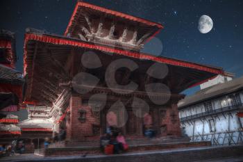 Patan .Ancient city in Kathmandu Valley. Nepal. night the starry sky and the moon is shining