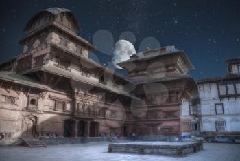 Patan .Ancient city in Kathmandu Valley. Nepal. night the starry sky and the moon is shining