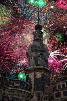 festive fireworks in Dresden at night. Germany.