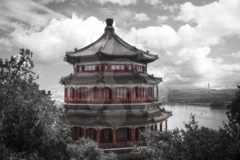 Summer Imperial Palace on the outskirts of Beijing. China. black and red and white photo