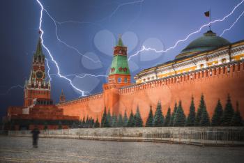 Kremlin - a fortress in the center of Moscow . Powerful lightning strike.