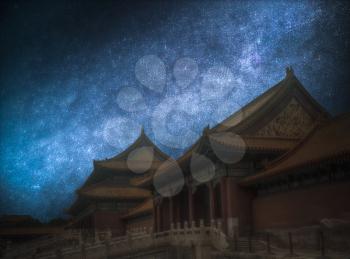 Forbidden City is the largest palace complex in the world. Located in the heart of Beijing. Astrophotography, night starry sky