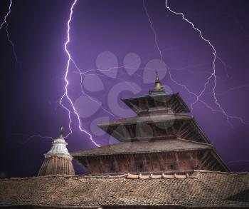 Durbar Square in the center of Kathmandu, Nepal. Bright flashes of lightning during a thunderstorm.