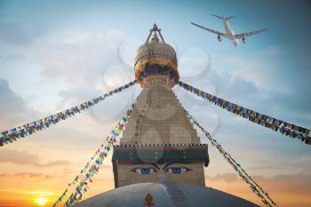 the plane is flying over Bodhnath stupa - Kathmandu - Nepal