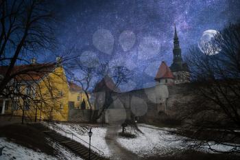 picturesque and very beautiful  photos of Tallinn. night, the starry sky and the moon shine.