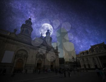 Plaza de las Armas square in Santiago, Chile. night, the starry sky and the moon shine.