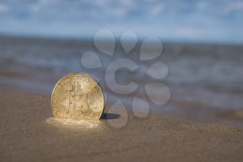bitcoin on the beach in the sand against the sea