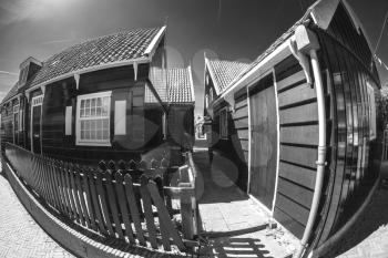 black and white photography. Traditional houses in Holland town Volendam, Netherlands