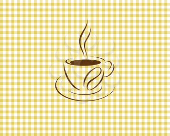 yellow checkered picnic tablecloth, abstract background, coffee cup