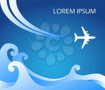 Airplane flying above the sea wave, vector illustration, tourism concept