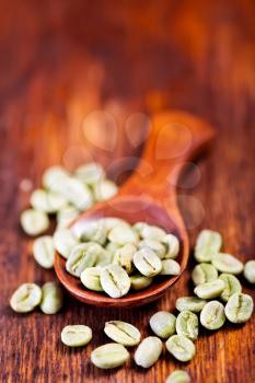 green coffee beans in bowl and on a table