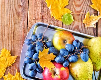 autumn harvest on the metal tray and on a table