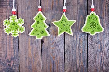 christmas decoration for tree on wooden table