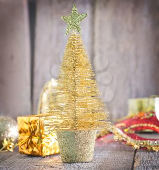 Christmas decoration on the wooden table, christmas background