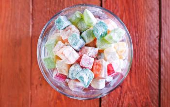 turkish delight in glass bowl and on a table