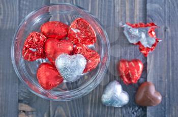chocolate hearts, chocolate candy in the foil