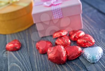 chocolate hearts, chocolate candy in the foil