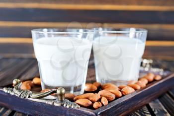 almond milk in glasses and on a table