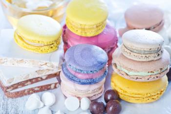 color sweet cookies, macaroons on the white table