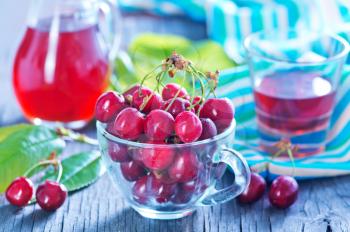fresh cherry and fresh juice on the wooden table