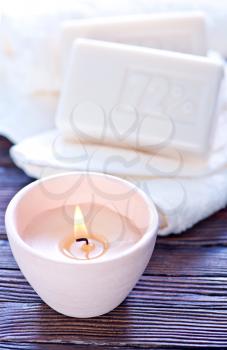 spa objects, soap and aroma salt on a table