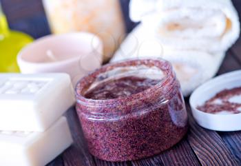 spa objects, soap and aroma salt on a table