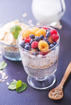 milk with chia seeds and berries on a table