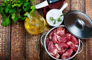 duck hearts in bowl and on a table