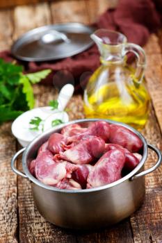 duck hearts in bowl and on a table