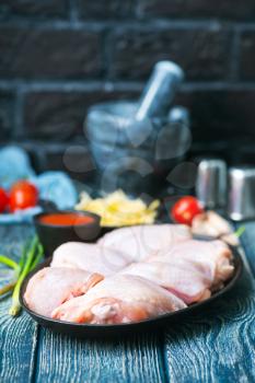 raw chicken meat on plate and on a table