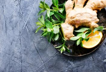 ginger with fresh mint on plate, stock photo