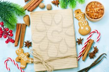 cookies and candycane on a table, christmas background