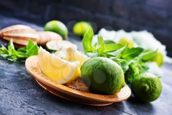 ingredients for mojito, fresh mint and lime