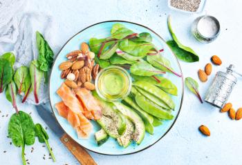 Healthy food antioxidant products: fish and avocado, nuts and fish oil