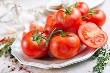 tomato on metal plate, fresh tomato, tomato for salad