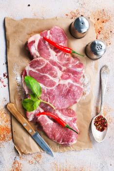 raw meat with spice and salt, raw meat on paper