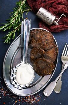 liver pancakes on plate, fried liver pancakes, stock photo