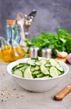 cucumbers on plate, salad with cucumbers, ingredient for salad