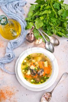 fresh soup with mushrooms in bowl, fresh vegetable soup