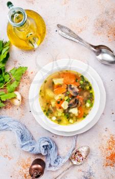 fresh soup with mushrooms in bowl, fresh vegetable soup