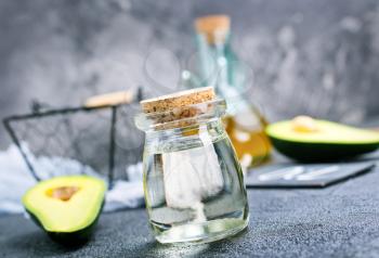 avocado oil in glass bottle, diet food, oil in bottle